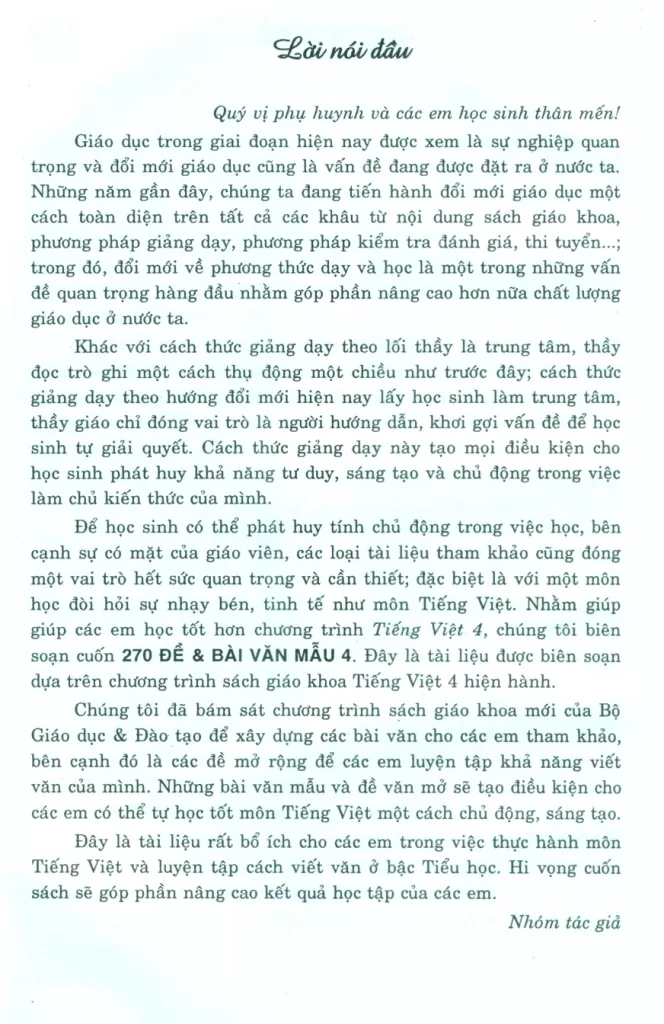 270 ĐỀ VÀ BÀI VĂN MẪU LỚP 4 (Dùng chung cho các bộ SGK hiện hành)